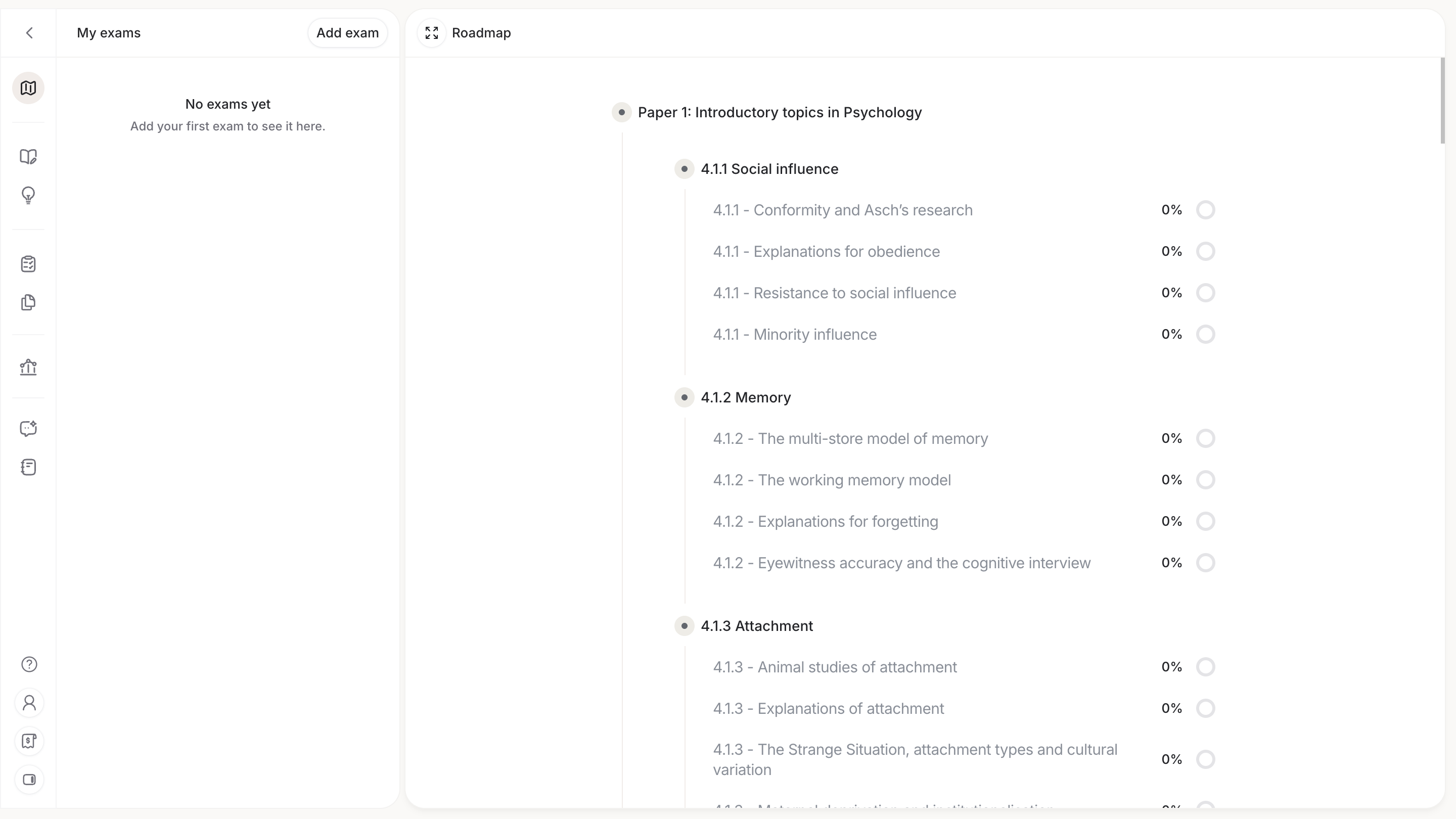 The NovaLearn roadmap showing AQA Psychology topics, lessons and progress